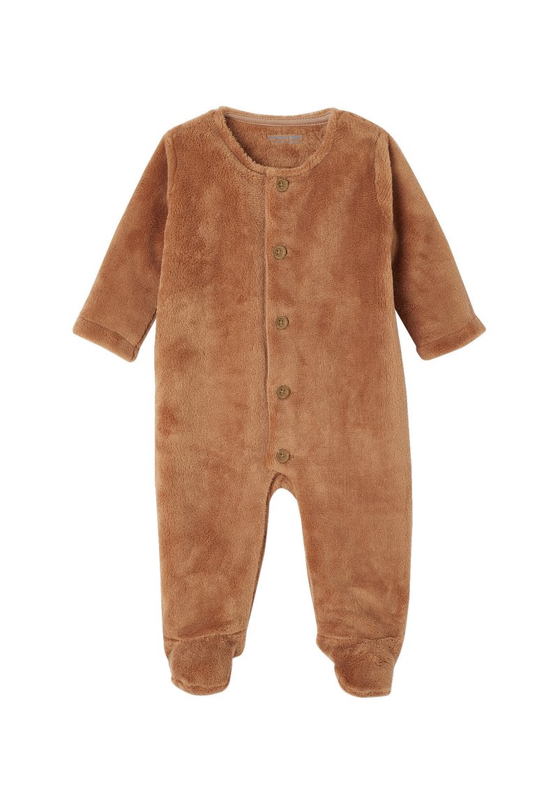 Brauner Fleece-Overall mit langen Ärmeln, rundem Ausschnitt und fünf Knopfverschlüssen. Enthält Fußdesign und weiche Textur.