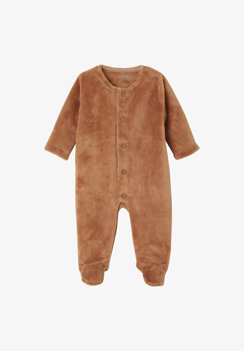 Brauner Fleece-Overall mit langen Ärmeln, rundem Ausschnitt und fünf Knopfverschlüssen. Enthält Fußdesign und weiche Textur.