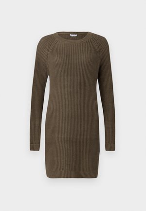 Robe en tricot de couleur vert olive foncé, avec des manches longues, un col rond, un tissu texturé et des poignets et un ourlet côtelés.