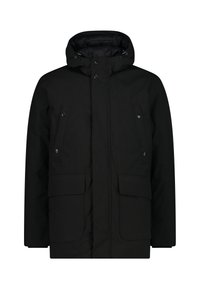 Sort, hætteklædt parka med lynlås og trykknaplukninger, med to store forlommer og en quiltet inderside. Vandtæt materiale.