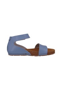 Sandalia de cuero azul con plantilla de corcho, con una correa en el tobillo y un diseño recortado en los laterales para ventilación y comodidad.