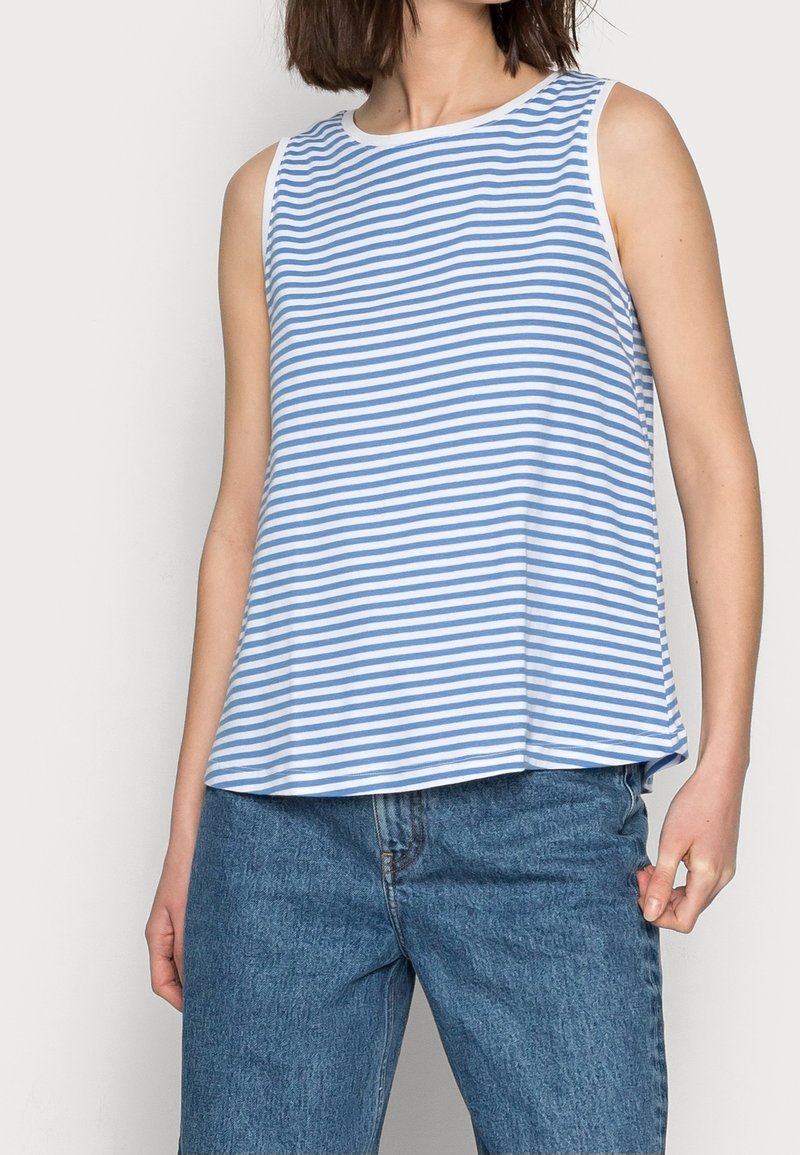 Ärmös blå och vit randig topp med rund halsringning, tillverkad av lättviktsmaterial, tillsammans med högmidjade jeans.