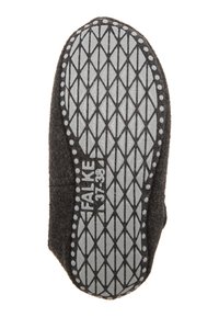 Γκρι σόλα παντόφλας από τσόχα με υφή καουτσούκ στην κάτω επιφάνεια, διακοσμημένη με διαμάντι σχέδιο και το λογότυπο "FALKE 37-39" τυπωμένο σε λευκό.