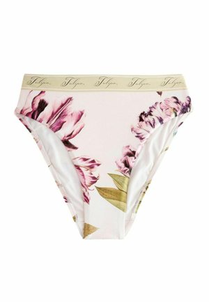 Chiloti bikini pentru femei, de croială înaltă, în roz deschis cu imprimeu mare floral mov și talie bej pe care este scris „Tulipa”.