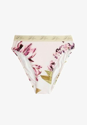 Női magas szabású bikini alsónemű világos rózsaszínben, nagy lila virágmintával és bézs derékrésszel, amelyen "Tulipa" felirat látható.