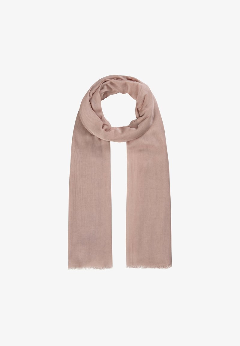 Écharpe rectangulaire rose pâle en tissu doux avec des bords légèrement effilochés, bouclée librement en haut sur un fond blanc.