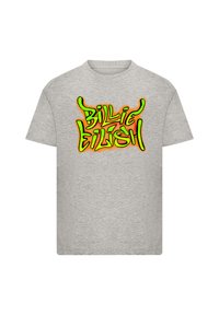 Gray cotton T-shirt featuring a graphic text design in yellow and green reading "Billie Eilish," with a playful font style.