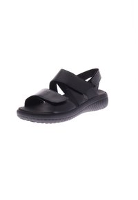 Black sandal made of smooth leather with an open toe design. Features two crisscross straps and a durable rubber sole.