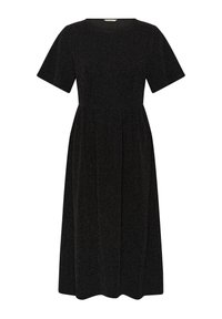 Vestido midi negro con mangas cortas, cuello redondo, tejido texturizado, corsé ajustado y falda fluida. Sin patrones ni acentos visibles.