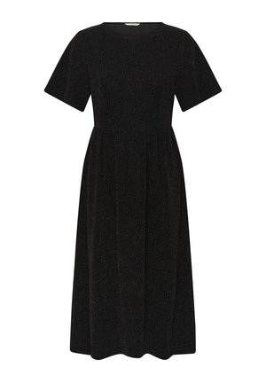 Čierne midi šaty s krátkymi rukávmi, okrúhlym výstrihom, textúrovanou látkou, priliehavým vrškom a splývavou sukňou. Žiadne viditeľné vzory ani akcenty.
