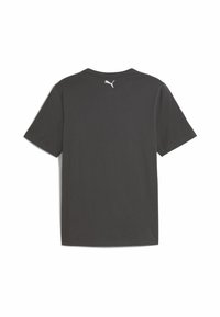 Grå bomulds t-shirt med korte ærmer, rund hals og et lille hvidt logo på den øverste ryg. Glat tekstur, enkelt design.