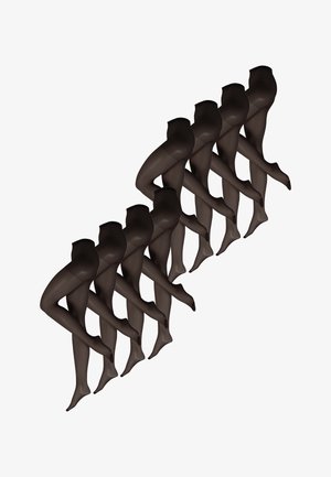 Schwarze, durchsichtige Strumpfhosen in versetzter Anordnung, die die glatte Textur, die undurchsichtige Oberfläche und das hochgeschnittene Design hervorheben.