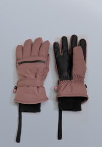 Smeđe termoizolacijske rukavice s podstavljenom vanjštinom, crnim teksturiranim dlanom, elastičnim manžetnama i džepom na stražnjoj strani s patentnim zatvaračem za pohranu.