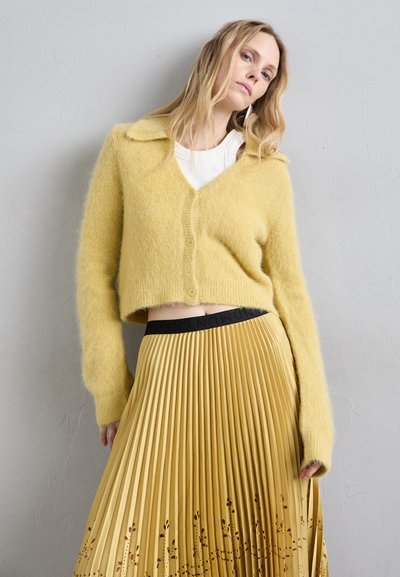 Un cardigan galben pufos, scurt, cu guler, asortat cu o fustă plisată de muștar, având un talie întunecată și un model floral subtil.