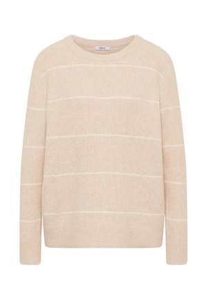Beżowy sweter z dzianiny z poziomymi białymi paskami. Posiada okrągły dekolt i długie rękawy zakończone ściągaczami. Miękka faktura.