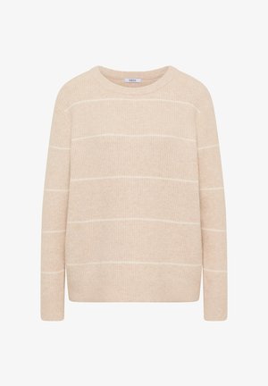 Beige gebreide trui met horizontale witte strepen. Heeft een ronde halslijn en lange mouwen met geribbelde manchetten. Zachte textuur.