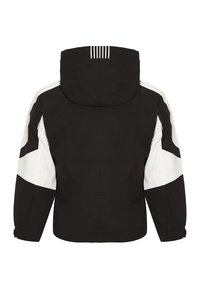 Giacca con cappuccio in bianco e nero caratterizzata da maniche a blocchi di colore a contrasto, polsini elasticizzati e righe verticali sul cappuccio. Texture opaca.