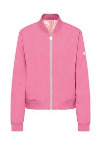 Rosa bomberjacka med dragkedja fram, ribbad krage och mudd, med en slät, glänsande utsida och ett färgglatt mönstrat foder.