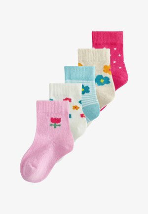 Pět dětských ponožek v růžové, bílé s květinami, modré s pruhy a květinami, krémové s květinami a jednobarevné růžové s bílými puntíky.