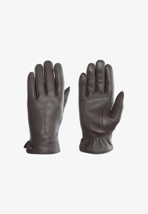 Brune læderhandsker med tre dekorative syninger, tætsiddende design og indsamlet håndledsdetalje for en sikker pasform.