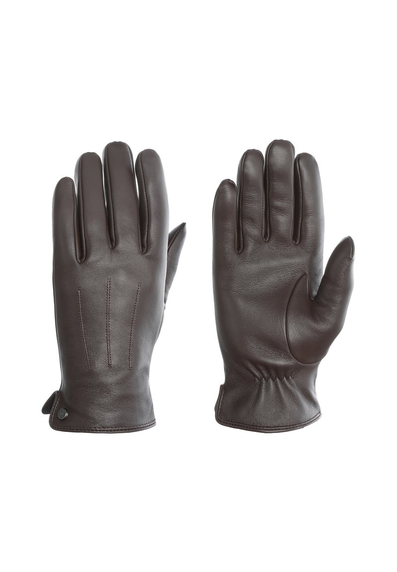 Rudos odinės pirštinės su trimis dekoratyvinėmis siūlėmis, prigludęs dizainas ir raukšlėta riešo detalė, užtikrinanti tvirtą prigludimą.