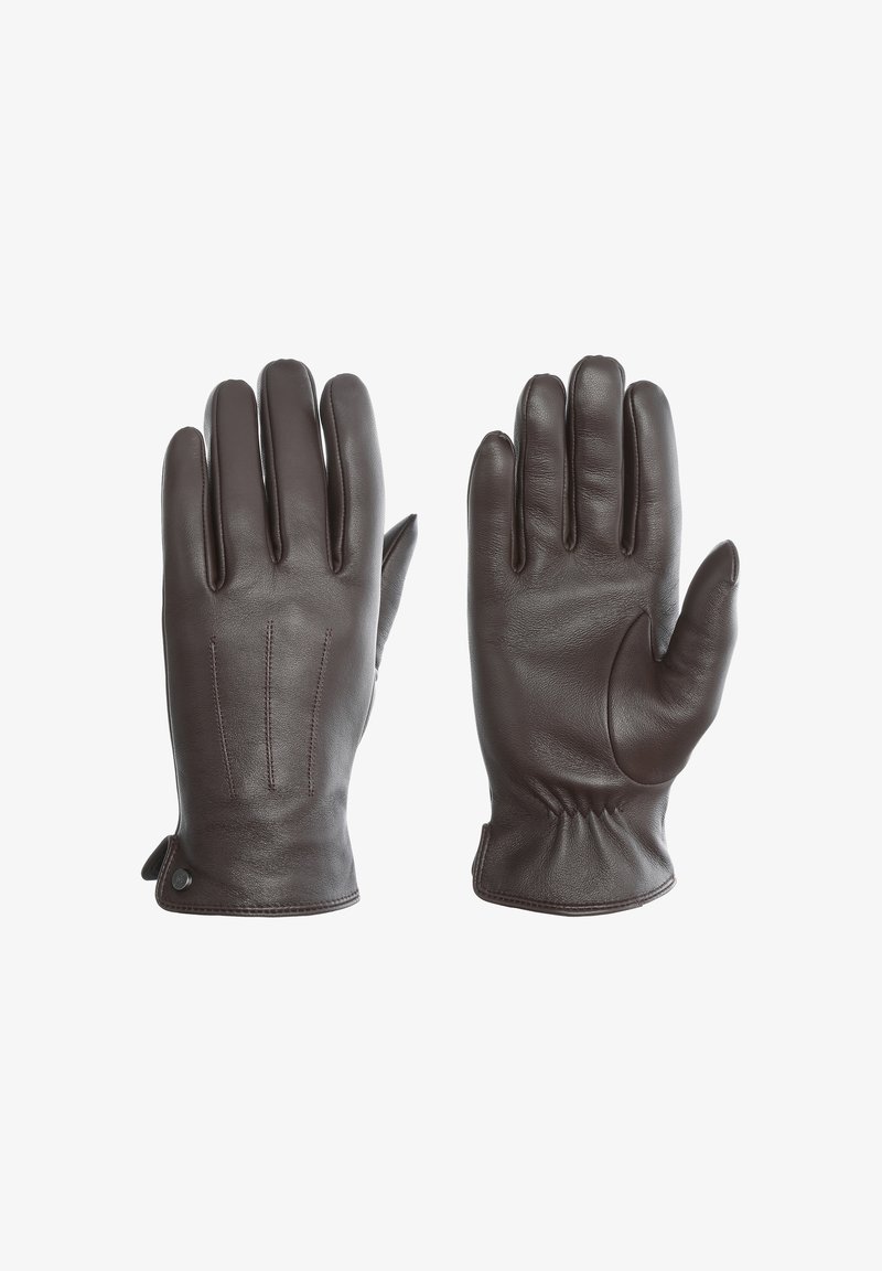 Rudos odinės pirštinės su trimis dekoratyvinėmis siūlėmis, prigludęs dizainas ir raukšlėta riešo detalė, užtikrinanti tvirtą prigludimą.