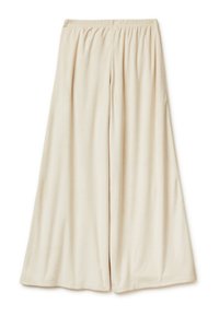 Béžové široké kalhoty z měkké látky, s elastickým pasem a hladkým povrchem. Jednoduchý design bez vzorů nebo ozdob.