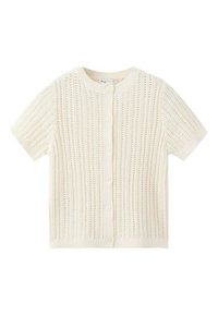 Kurzärmelige, cremefarbene Strickjacke mit vertikalem Lochmuster und Knopfleiste vorne.