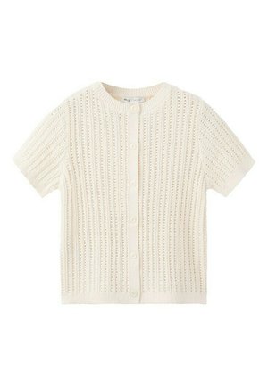 Kurzärmelige, cremefarbene Strickjacke mit vertikalem Lochmuster und Knopfleiste vorne.