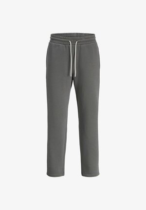 Szürke melegítőnadrág puha anyagból, elasztikus derékkal és húzózsinórral, szűkítő lábakkal és zseb nélküli kivitelben.