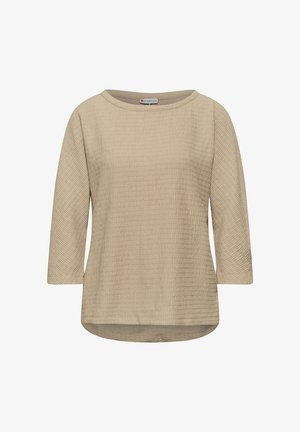 Camiseta de manga larga beige con un escote redondo, superficie texturizada, franjas horizontales sutiles y un dobladillo curvo para un ajuste relajado.