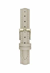 Cinturino per orologio in pelle grigio chiaro con una texture liscia, fibbia dorata e numerosi fori di regolazione. Presenta un dettaglio cucito lungo i bordi.
