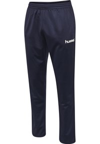 Marineblauwe sportbroek gemaakt van gladde, lichtgewicht stof, met een elastische tailleband en een logo-embleem aan de linkerkant.