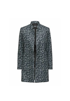 Veste imprimée léopard en bleu foncé et noir. Présente un design sans col, des manches longues et un devant ouvert sans fermeture.