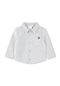 Langarm geruit overhemd in wit en marineblauw, met een button-down kraag, een borstzak en een klein logo-accent.