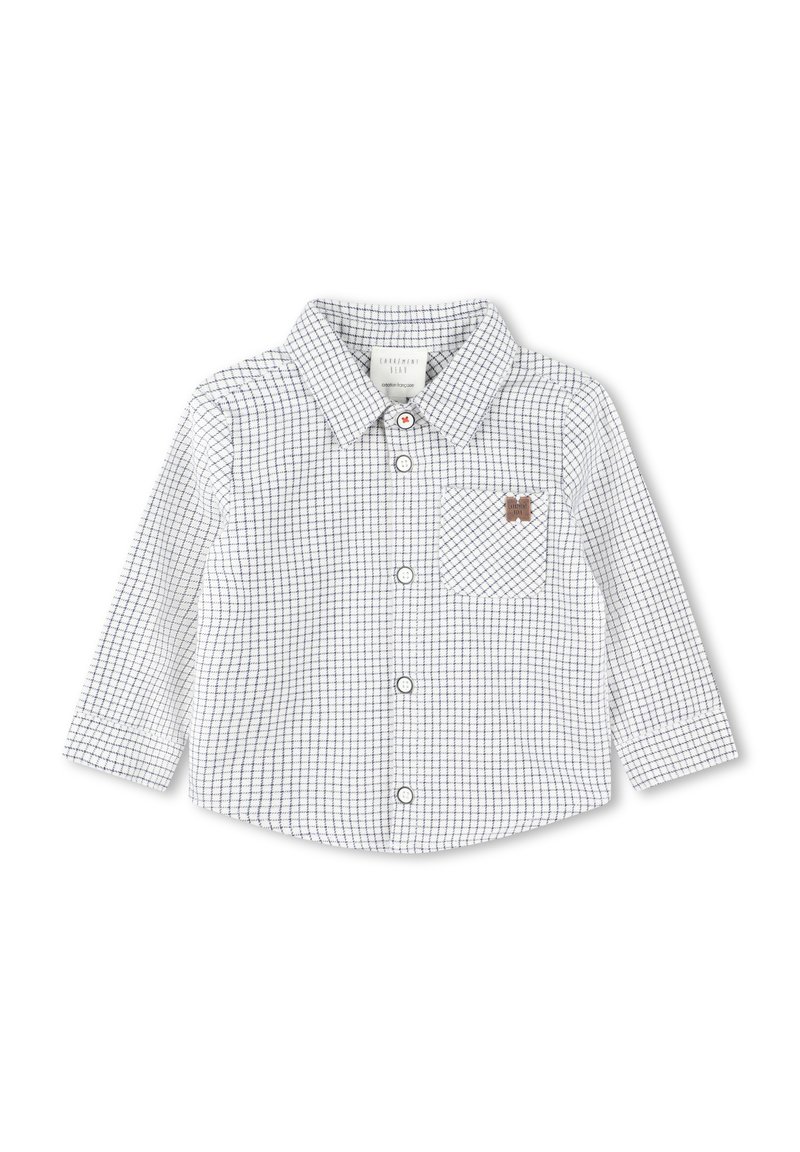 Langarm geruit overhemd in wit en marineblauw, met een button-down kraag, een borstzak en een klein logo-accent.