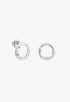 Silver hoop earrings featuring a double circular design with a polished finish and clasp closure. Smooth texture, contemporary style.