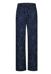 Navy blue wide-leg pants with a white leaf pattern, featuring an elastic waistband and a drawstring for adjustable fit. Smooth fabric texture.