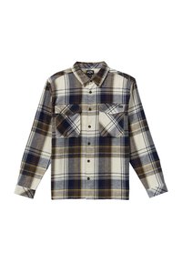 Geruite shirt gemaakt van dikke stof; heeft marineblauw, beige en crème kleuren. Twee borstzakken met kleppen, lange mouwen en een knoopsluiting aan de voorkant.