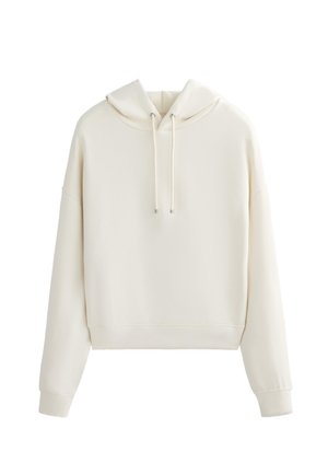 Cremefarvet cropped hoodie lavet af blødt stof, med snoretræk i hætten, brede ærmer og afsluttede kanter for en afslappet pasform.