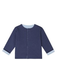 Marinblå långärmad cardigan med rund hals och ljusblå mudd. Knäppning framtill med slät yta och avslappnad passform.