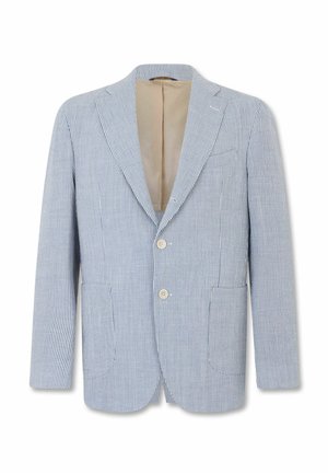Hellblauer und weiß gestreifter Herrenblazer mit schmalen Streifen, Revers mit Kerbkragen, zwei Knöpfen, aufgesetzten Taschen vorne und beigefarbenem Innenfutter.