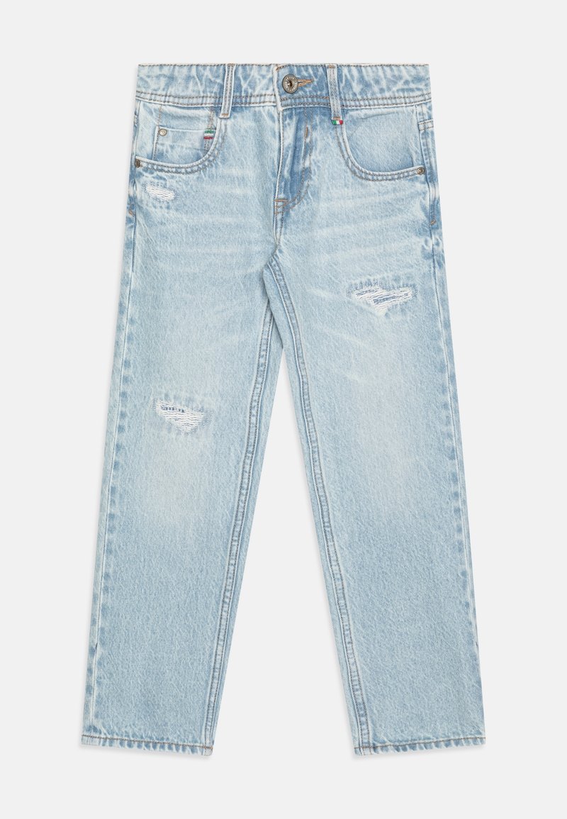 Jeans per bambini blu chiaro con leggere abrasioni sulle cosce frontali, design classico a cinque tasche e chiusura con bottone.