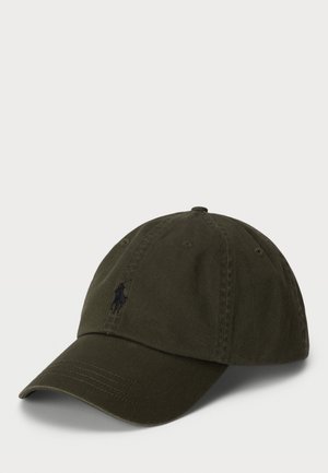 Dark green baseball cap with curved brim and small black embroidered logo on front center.