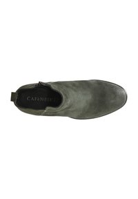 Olivgrön mocka anklarstövel med rund tå, sidodragkedja och platt gummisula. Slät textur med minimala accenter på ovansidan.