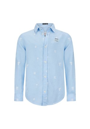 Jasnoniebieska koszula na długi rękaw z drobnym białym wzorem palm oraz metką "Retour" na piersi.