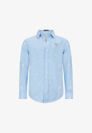 Chemise à manches longues bleu clair avec petits motifs de palmiers blancs et une étiquette "Retour" sur la poitrine.