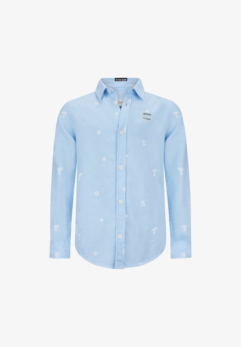 Chemise à manches longues bleu clair avec petits motifs de palmiers blancs et une étiquette "Retour" sur la poitrine.