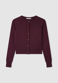 Cardigan lavorato a maglia di colore bordeaux con scollo rotondo, maniche lunghe e orlo a coste. Presenta cinque bottoni lungo la parte anteriore. Texture morbida.
