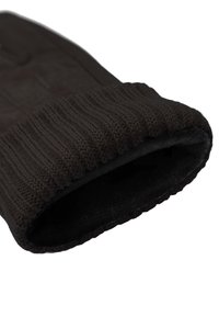 Brown knit glove with a ribbed cuff and a soft interior lining, featuring a smooth outer texture and a rounded opening.